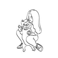 femme avec bulldog illustration vecteur dessiné à la main isolé sur fond blanc dessin au trait.