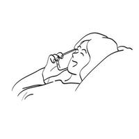 dessin au trait gros plan femme utilisant un smartphone sur le lit illustration vecteur dessiné à la main isolé sur fond blanc