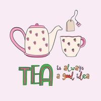 théière de carte postale et tasse pour le thé. place pour le texte. illustration vectorielle vecteur