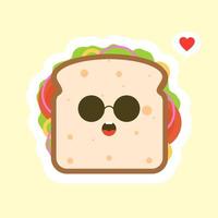 mignon et kawaii de personnage de pain sandwich aux légumes. petit-déjeuner. sandwich au fromage en tranches avec tomate, laitue et bacon, style design plat de saucisse. nourriture végétarienne savoureuse. vecteur