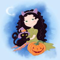 Illustration de dessin animé mignon avec la sorcière de la fille. Affiche de carte postale pour les fêtes d&#39;Halloween. vecteur