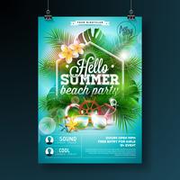 Summer Beach Party Flyer Design avec fleur, bouée de sauvetage et lunettes de soleil sur fond bleu. Modèle de conception de vecteur d&#39;été avec des éléments floraux de la nature, des plantes tropicales et lettre de typograpy