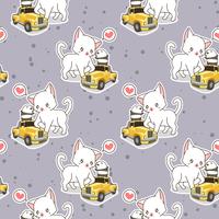 Chat kawaii sans couture avec motif de petite voiture jaune vecteur