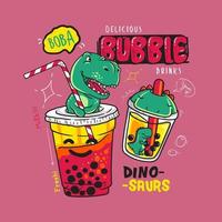 affiche de bannière de thé à bulles. thé à bulles avec smoothie milkshake aux fruits et baies et dinosaures de dessin animé sur des gobelets en plastique. idéal pour les dépliants, les affiches, les cartes. illustration vectorielle vecteur