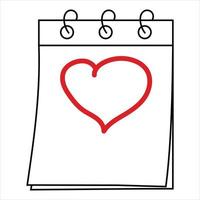 feuille de calendrier détachable sans date avec contour dessiné à la main en forme de cœur. goûter. vecteur