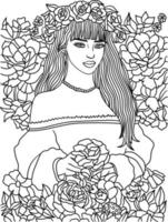 belle page de coloriage de fille de fleur pour adultes vecteur