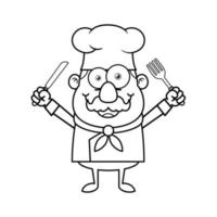 personnage de dessin animé de logo de mascotte de chef noir et blanc tenant une fourchette et un couteau vecteur