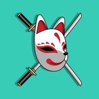 Masque kitsune japonais avec épée katana, illustration vectorielle eps.10 vecteur