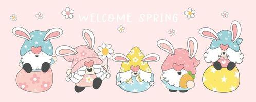 Joyeuses pâques salutation, groupe de cinq mignons gnomes heureux oreilles de lapin pastel, printemps de bienvenue, vecteur de contour de dessin animé elfe, bannière de joyeuses fêtes