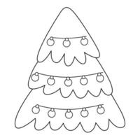 arbre de noël avec une guirlande, livre de coloriage pour les enfants. illustration linéaire festive de vecteur. vecteur