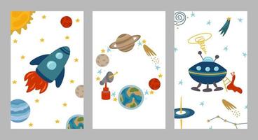 ensemble de cartes postales spatiales pour une fête, invitations d'anniversaire à thème. design coloré pour les vacances avec fusée, vaisseau extraterrestre, planètes, soleil, terre, constellations, étoiles. vecteur