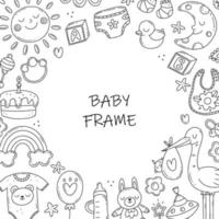 cadre rond avec des éléments en noir et blanc sur le thème de la naissance d'un enfant dans un style simple et mignon de doodle. illustration de bébé de vecteur isolé sur fond.