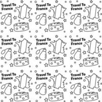 voyage en france doodle motif vectoriel sans couture. le vin, le coq, le fromage sont des icônes identiques à la france