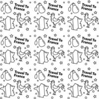 voyage en france doodle motif vectoriel sans couture. le vin, le coq, le fromage sont des icônes identiques à la france