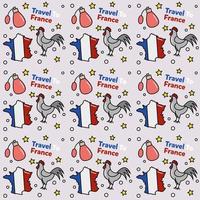 voyage en france doodle motif vectoriel sans couture. le vin, le coq, le fromage sont des icônes identiques à la france