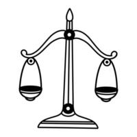 icône de vecteur d'échelles équilibrées. signe thémis isolé sur fond blanc. appareil mécanisé sur socle décoratif. symbole du droit, de la justice, de l'égalité, de la vérité. croquis de l'outil de mesure. Balance