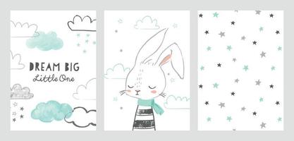 ensemble de jolies cartes de douche de bébé ou d'affiches de pépinière. lapin dessiné à la main, nuages, étoiles, phrase rêve grand petit. illustrations vectorielles pour invitations, cartes de vœux, affiches vecteur