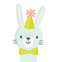 jolie carte de voeux d'anniversaire de lapin ou invitation à une fête. personnage de lapin souriant dans un chapeau de fête avec un noeud papillon. baby shower, anniversaire d'enfants. vecteur