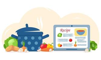 concept de cuisine maison. ensemble de soupe de cuisson. casserole avec soupe, ordinateur portable avec un site de recette, légumes, ingrédients pour la soupe. recettes, plats faits maison, préparation des aliments, concept d'apprentissage vecteur