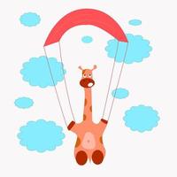 une petite girafe vole sur un parachute rouge vecteur