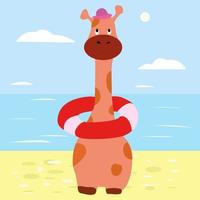 girafe dans un cercle gonflable sur la plage. vecteur