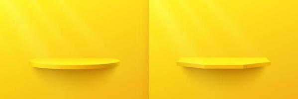 ensemble d'étagères cylindriques et hexagonales jaune vif, podium de piédestal. scène de mur orange jaune avec éclairage de fenêtre. rendu vectoriel forme 3d, présentation de l'affichage du produit. concept abstrait de salle de studio.
