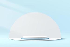 podium de piédestal de cylindre blanc et bleu abstrait 3d avec fond blanc en forme de demi-cercle. scène murale minimale bleu pastel pour la présentation de l'affichage du produit. conception de plate-forme géométrique de rendu vectoriel.