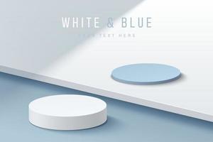 podium de piédestal de cylindre blanc et bleu abstrait 3d sur le sol des marches bleu pastel dans l'ombre avec espace de copie. conception de plate-forme géométrique minimale de rendu vectoriel pour la présentation d'affichage de produits cosmétiques.