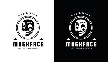 silhouette de masque facial avec cercle, création de logo vintage pour groupe de jeu et famille mystérieuse vecteur