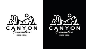 montagnes de canyon avec soleil, création de logo de falaise monoline vintage pour grimpeur et aventure vecteur