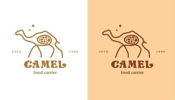 chameau monoline avec de la nourriture dans l'estomac, création de logo d'animal du désert avec des étoiles et des lignes vectorielles adaptées aux logos de voyage et de nourriture vecteur