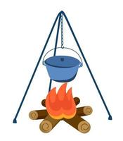 feu de joie avec un pot en randonnée, en voyage. cuisiner dans la nature et sur un feu ouvert. illustration vectorielle. vecteur