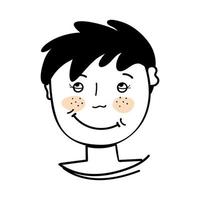 le visage d'un garçon avec des taches de rousseur dans le style doodle. illustration vectorielle. joyeux garçon drôle réfléchi. vecteur
