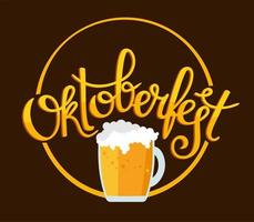 bannière de l'oktoberfest. inscription manuscrite avec l'image d'une chope de bière avec mousse, bretzel et saucisse grillée. vecteur