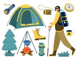 randonnée pédestre. un homme avec un sac à dos part en randonnée, un feu de camp, une tente, une lampe de poche, une boussole, un appareil photo, un thermos, une tasse, une botte. illustration vectorielle vecteur