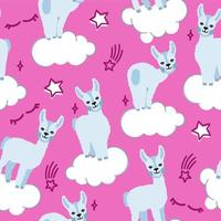motif de lamas d'alpaga sur fond rose avec des nuages et des étoiles. pour l'impression sur textiles, souvenirs et affiches. illustration vectorielle. vecteur