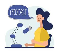 notion de podcast. une illustration sur le podcast. une fille qui parle dans un micro et assise à une table. vecteur plat dans un style à la mode.