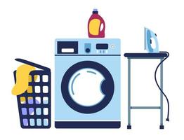 Buanderie. lavage en machine à laver. repassage du linge. illustration vectorielle. vecteur