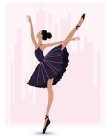 illustration, une ballerine dansante dans une robe bleue et des chaussures de pointe sur un fond abstrait d'une grande ville. affiche pour cours de danse, clip art vecteur