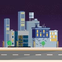 paysage urbain avec de grands bâtiments modernes et une route devant la ville de nuit. paysage urbain de la ville d'affaires, illustration vectorielle. vecteur