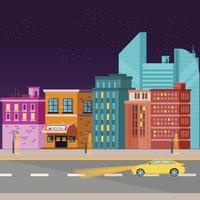 route urbaine avec paysage de voiture. trafic routier de la ville, grands bâtiments de la ville pendant la nuit. illustration vectorielle plat coloré moderne.