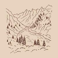 paysage avec montagnes et forêt. illustration dessinée à la main convertie en vecteur. vecteur