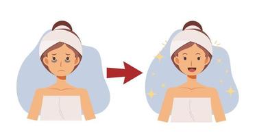 concept de soins de la peau. avant et après des cercles sous vos yeux problème. illustration de personnage de dessin animé vectoriel plat.