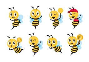 mascotte d'abeille mignonne de dessin animé de conception plate sertie de différentes poses. dessin animé mignon abeille montrant le signe de la victoire, tenant une louche à miel et portant une casquette. illustration vectorielle plane vecteur