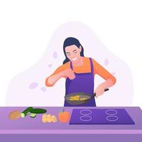 illustration vectorielle dessinée à la main. une fille en tablier cuisine. vecteur