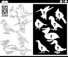 jeu de formes assorties avec page de livre de coloriage d'oiseaux de dessin animé vecteur