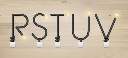 r, s, t, u, v - ensemble de lettres de l'alphabet loft. alphabet abstrait d'ampoule et interrupteur d'éclairage sur fond de bois. vecteur. vecteur