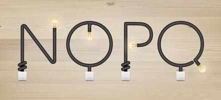 n,o,p,q - ensemble de lettres de l'alphabet loft. alphabet abstrait d'ampoule et interrupteur d'éclairage sur fond de bois. vecteur. vecteur