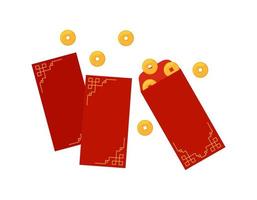 enveloppes rouges hongbao. cadeau traditionnel festif chinois avec pièces de monnaie, argent pour le nouvel an, anniversaire, mariage et autres fêtes en chine. illustration vectorielle plate vecteur