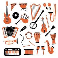ensemble dessiné à la main de différents types d'instruments de musique vecteur